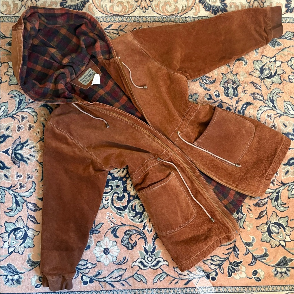 1980s Skotts Suede Hooded Jacket Washable Suede Plaid Lined M